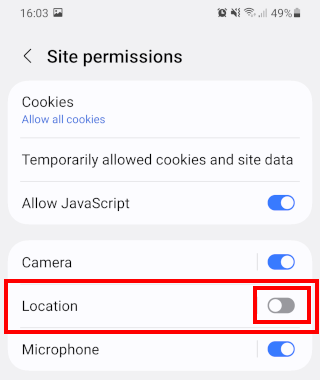Stop websites from asking for your location in Samsung Internet