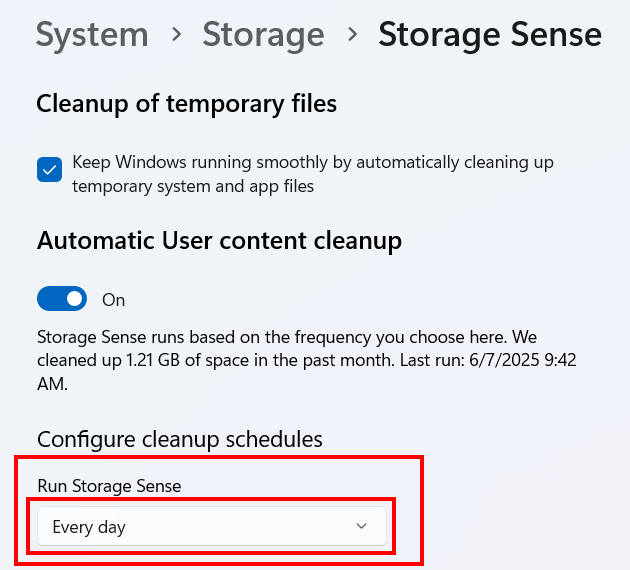 Storage Sense drop-down menu