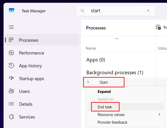 Ending Start menu process in Windows Task Manager