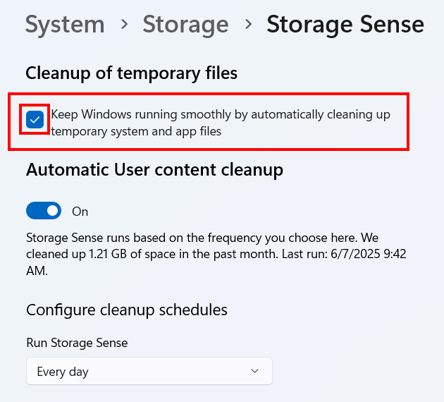 The Keep Windows running smoothly by automatically cleaning up temporary system and app files option