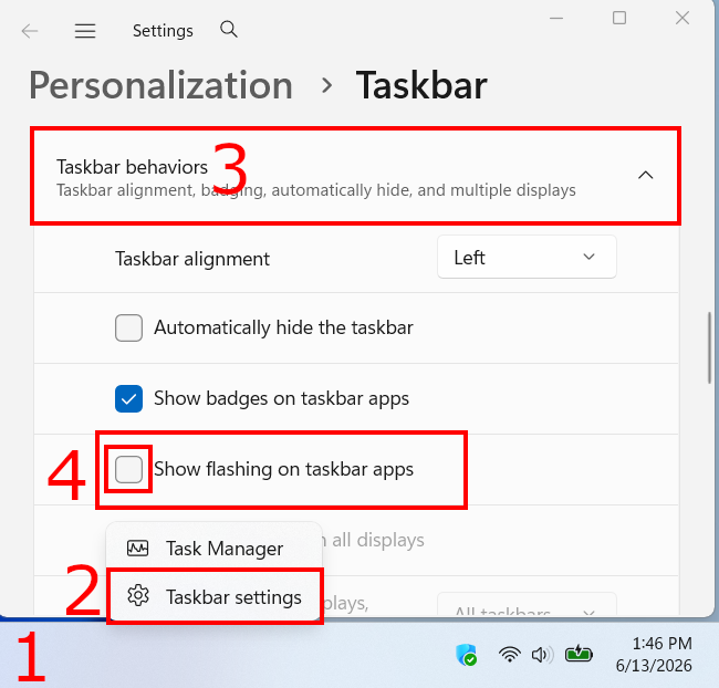 How to turn off flashing icons on the Windows 11 taskbar
