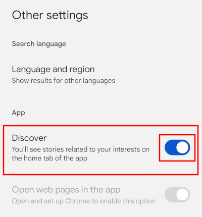 Turn off Google Discover in Google app