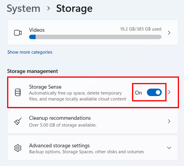 Turn on Storage Sense in Windows 11