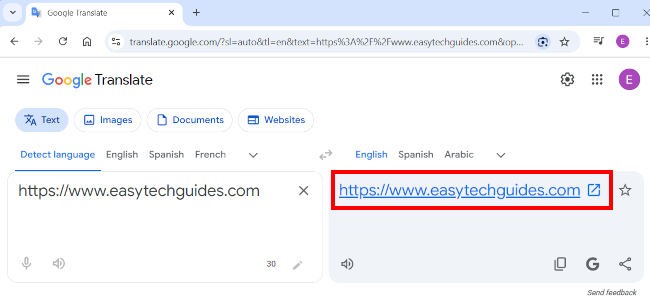 Using Google Translate to open and bypass a blocked website URL inside a web browser