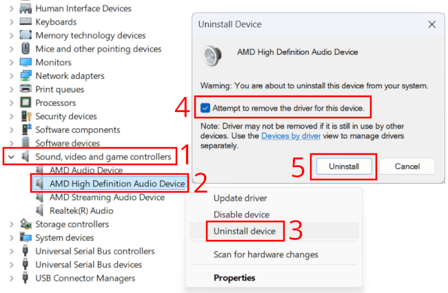 Uninstall audio device driver in Device Manager