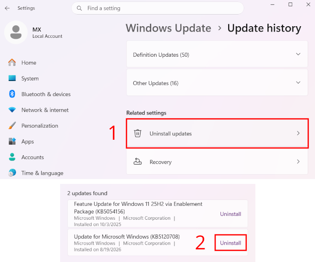 Uninstall a Windows update