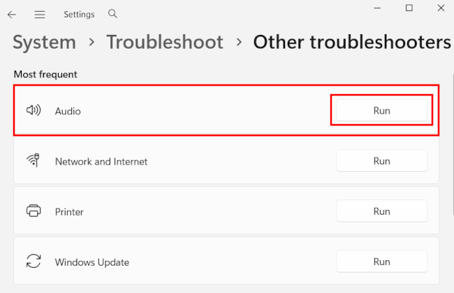 Running the audio output devices troubleshooter in Windows 11 settings