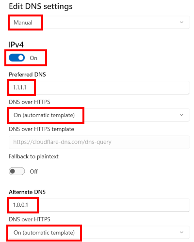 Configuring the manual IPv4 DNS settings to 1.1.1.1 in the Windows 11 settings panel