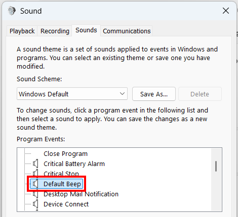 Windows 11 Default Beep settings