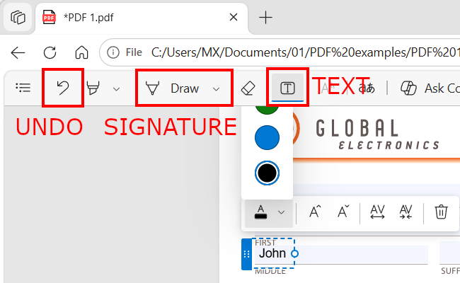 Using the text and drawing tools inside Microsoft Edge to fill out and digitally sign a PDF document