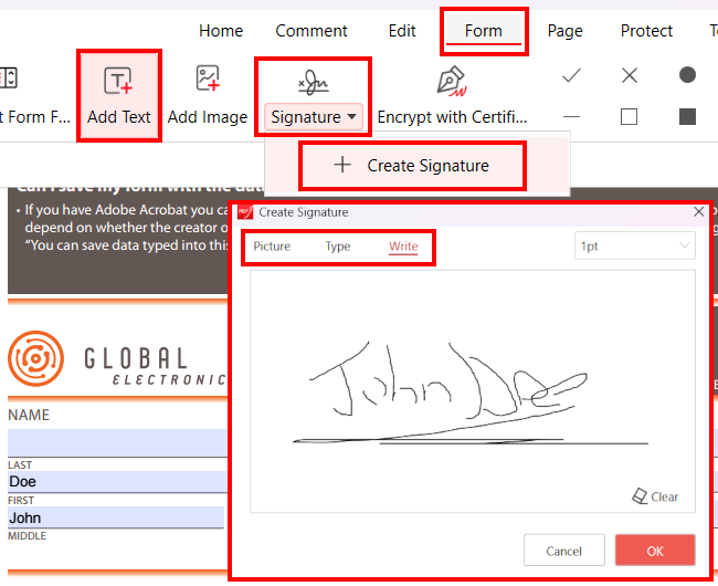 Using the free PDFgear desktop application to create and place a clean digital signature on a document form