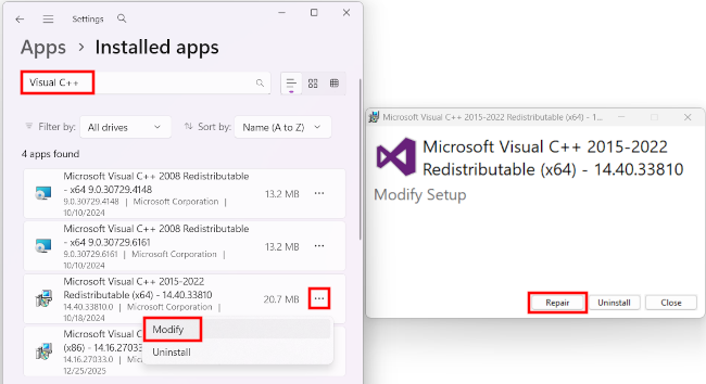 Clicking the Repair button in the Microsoft Visual C++ installer modification menu