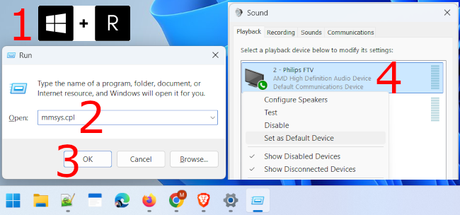 Setting HDMI device as default in Windows 11 sound control panel