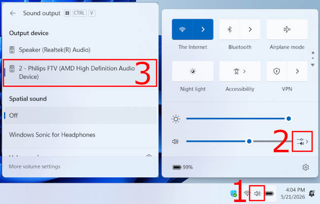 Changing audio output device in Windows 11 taskbar