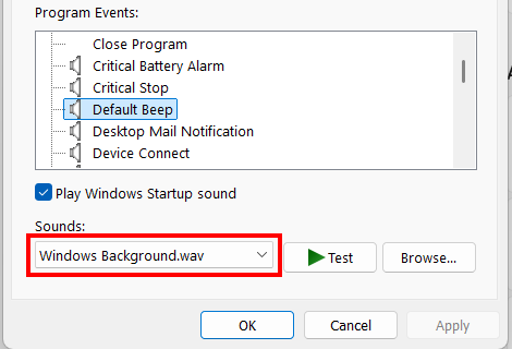Windows 11 Sounds selection menu