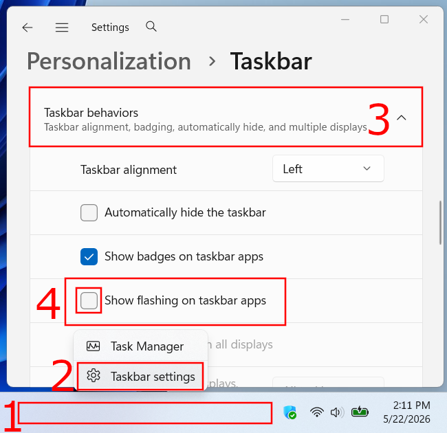 Consolidated view of Windows 11 Taskbar Settings, Taskbar Behaviors menu, and the checkbox to disable 'Show flashing on taskbar apps'