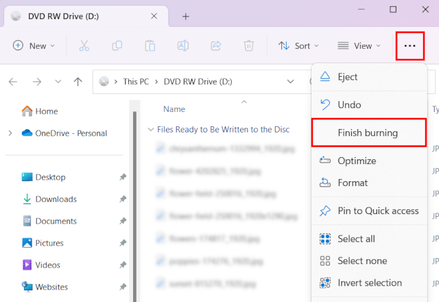 Selecting the Finish Burning option in the Windows File Explorer drive toolbar panel
