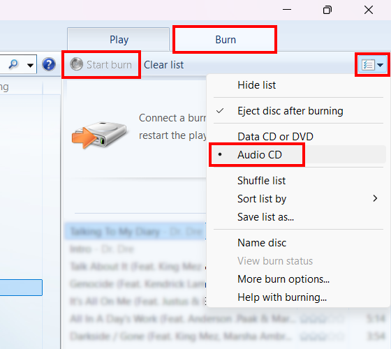 Windows Media Player interface showing audio tracks compiled in the Burn list side panel with the drop-down selection menu set to Audio CD