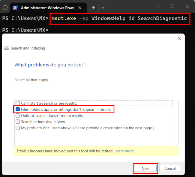 Run Windows Search and Indexing troubleshooter